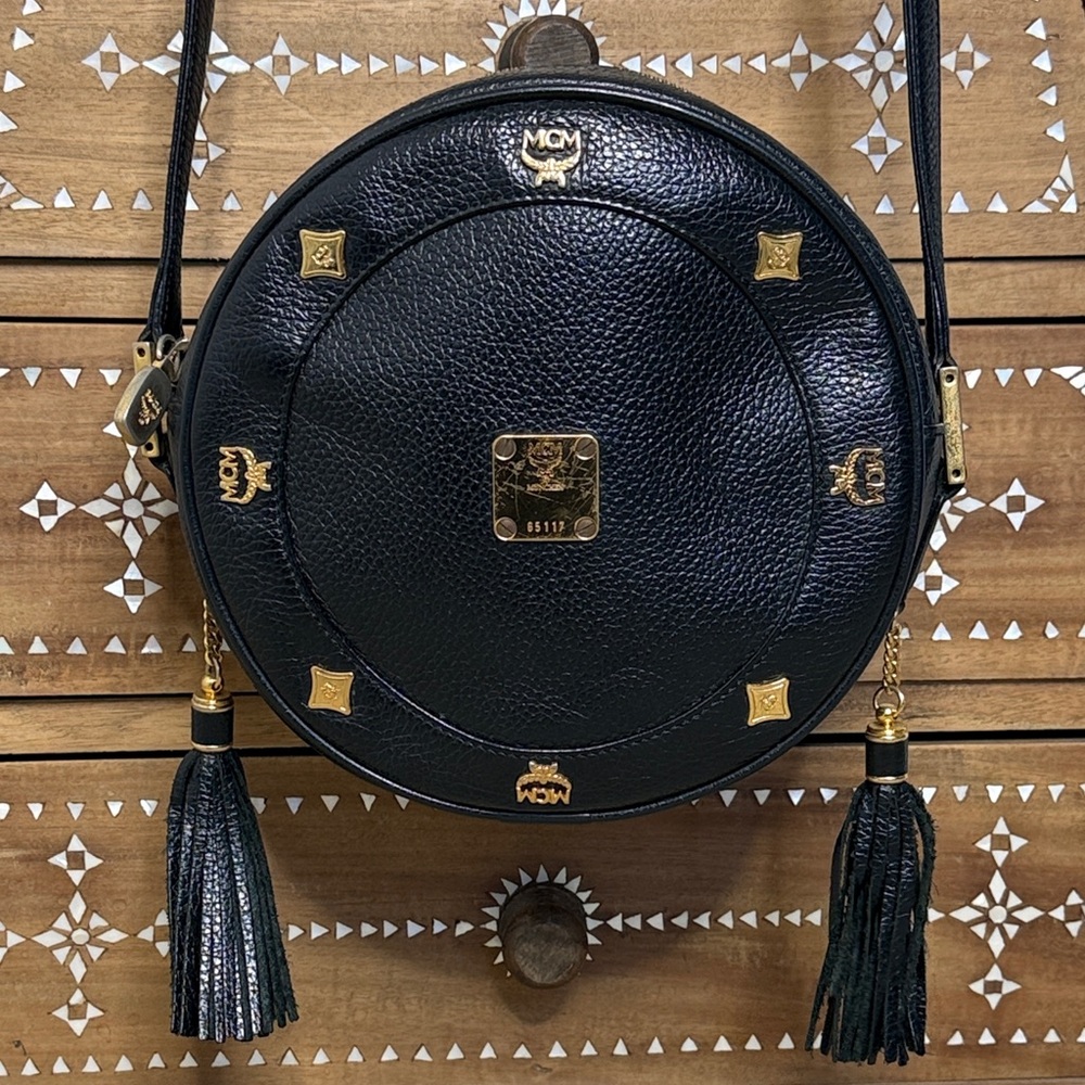 Vintage MCM Black Leather Round Crossbody w/Tassels